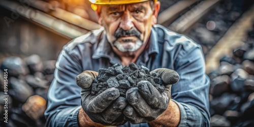 Coal Miner Holding Black Coal, Close Up, Gloved Hands, Industrial Worker, Coal Mining, Worker, Industry
