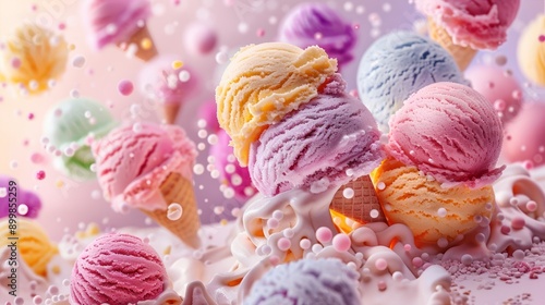 colorful ice cream explosion with many different flavors of ice cream flying in the air