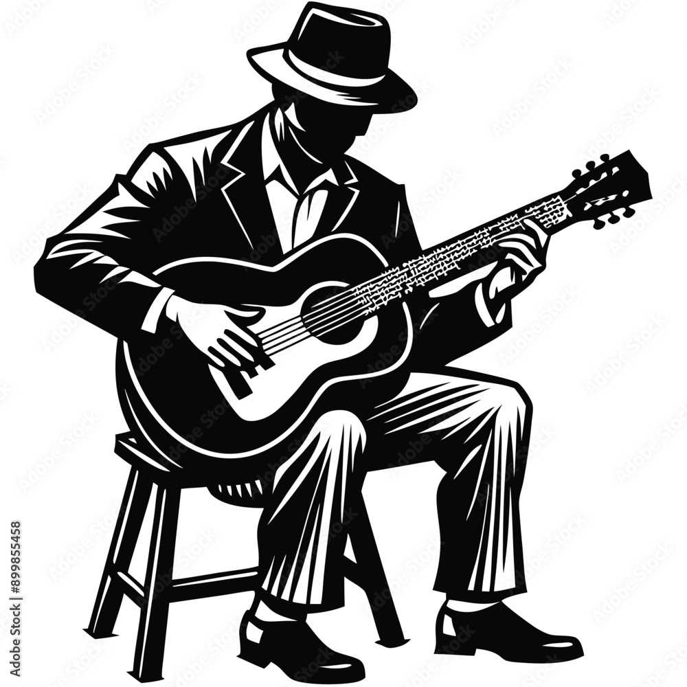 a man playing guitar siting a tool, vector silhouette, isolated white background a man playing guitar siting a tool, vector silhouette, isolated white background