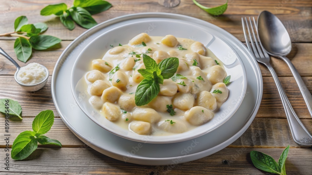 Creamy Gnocchi with Basil in White Bowl on Rustic Wood Table, Italian Food, Gnocchi Recipe, Basil Garnish, Pasta Dish Creamy Gnocchi with Basil in White Bowl on Rustic Wood Table, Italian Food, Gnocchi Recipe, Basil Garnish, Pasta Dish