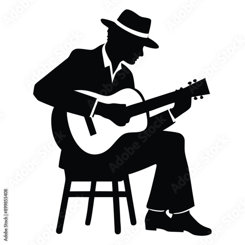 a man playing guitar siting a tool, vector silhouette, isolated white background 