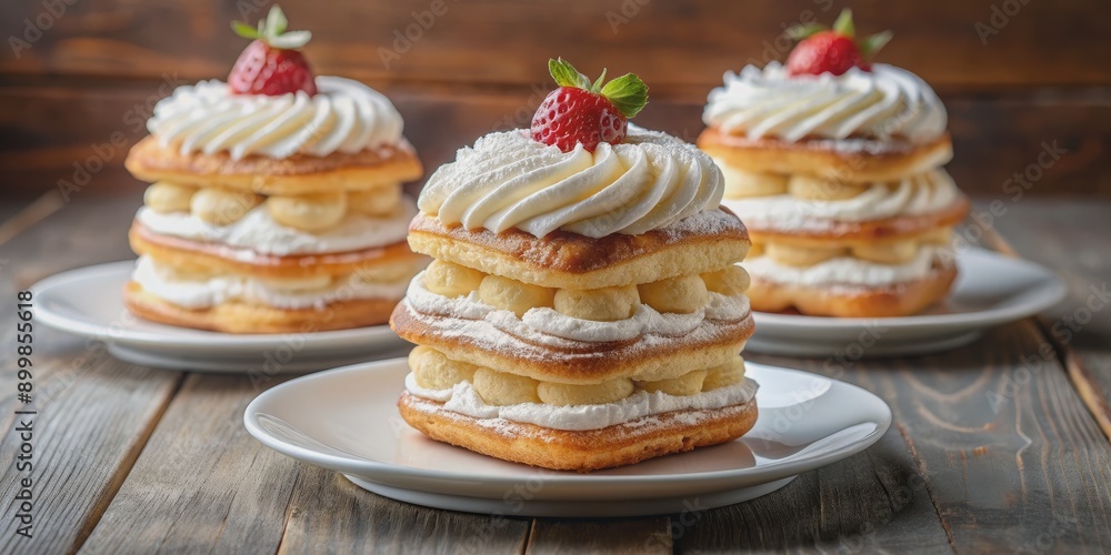 Creamy Strawberry and Custard Stack on Wooden Background, Dessert, Pastry, Bakery, Cake Creamy Strawberry and Custard Stack on Wooden Background, Dessert, Pastry, Bakery, Cake