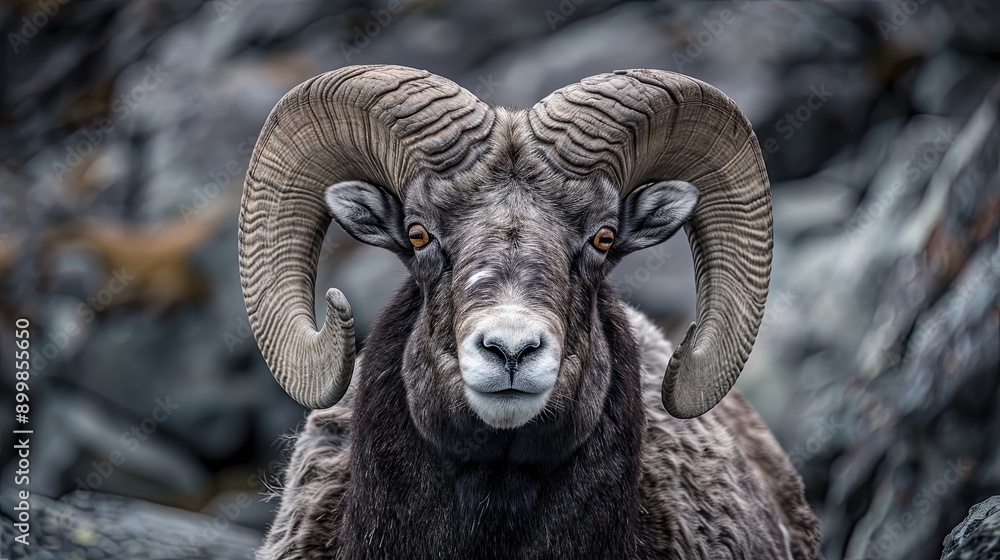 Close-up portrait of a ram with curved horns. Detailed image of the muzzle. A domestic animal is looking at something. Illustration for cover, card, poster, brochure or presentation. Close-up portrait of a ram with curved horns. Detailed image of the muzzle. A domestic animal is looking at something. Illustration for cover, card, poster, brochure or presentation.