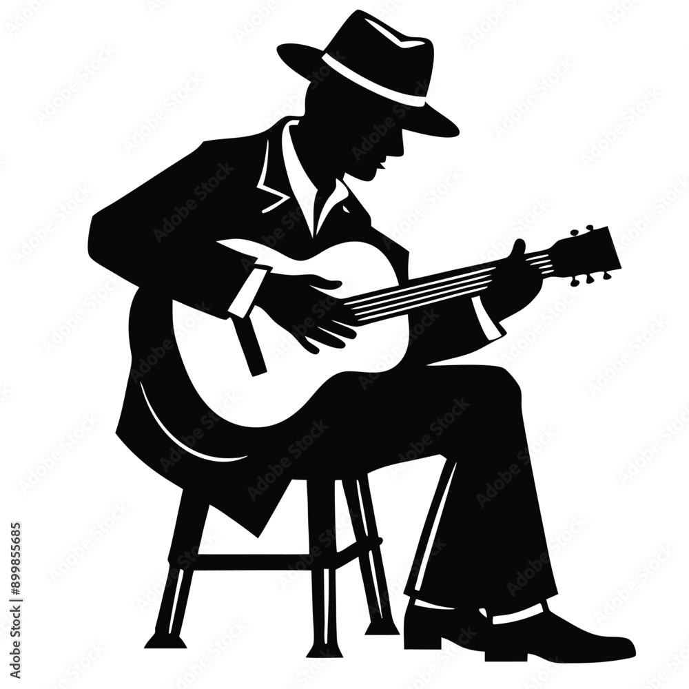 Fototapeta premium a man playing guitar siting a tool, vector silhouette, isolated white background 