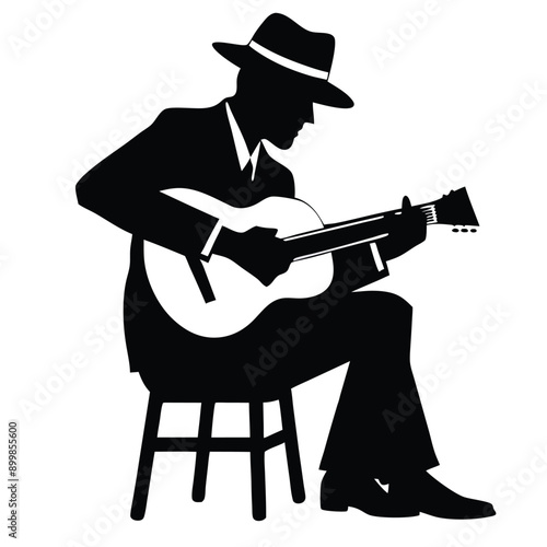 a man playing guitar siting a tool, vector silhouette, isolated white background 