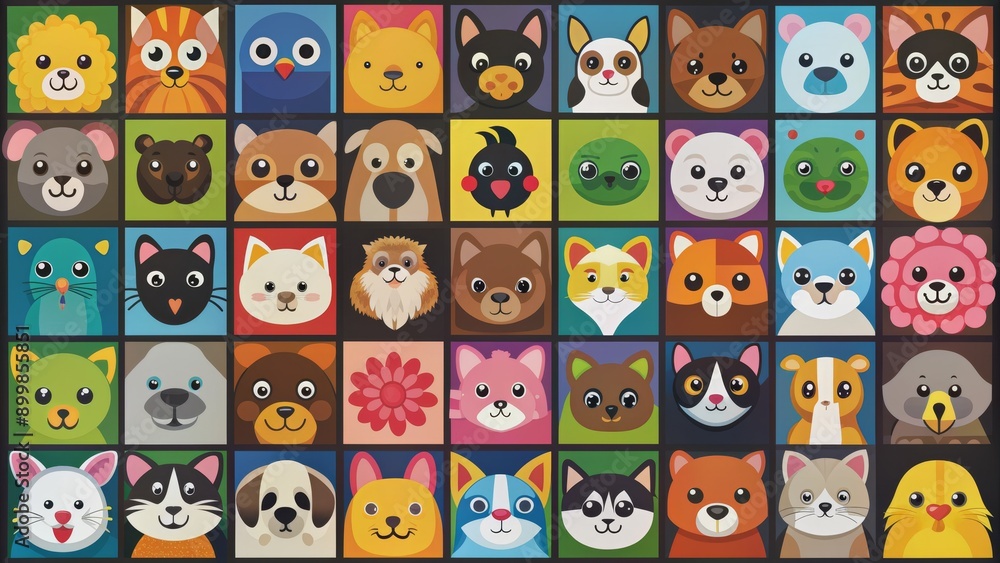 Cute Animal Faces in a Grid Flat Design Illustration, Animal Faces, Cartoon Animals, Colorful Animals, Digital Art Cute Animal Faces in a Grid Flat Design Illustration, Animal Faces, Cartoon Animals, Colorful Animals, Digital Art