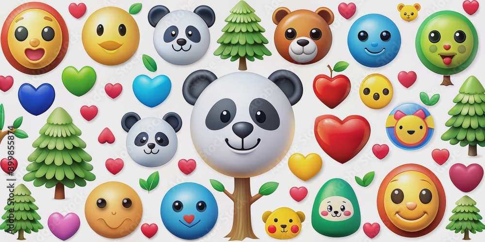 Cute Emoji Panda Tree With Hearts, 3D, Illustration, Cartoon, Emoji, Panda, Tree Cute Emoji Panda Tree With Hearts, 3D, Illustration, Cartoon, Emoji, Panda, Tree