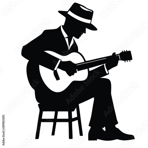 a man playing guitar siting a tool, vector silhouette, isolated white background 
