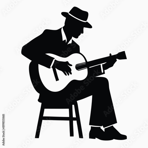 a man playing guitar siting a tool, vector silhouette, isolated white background 