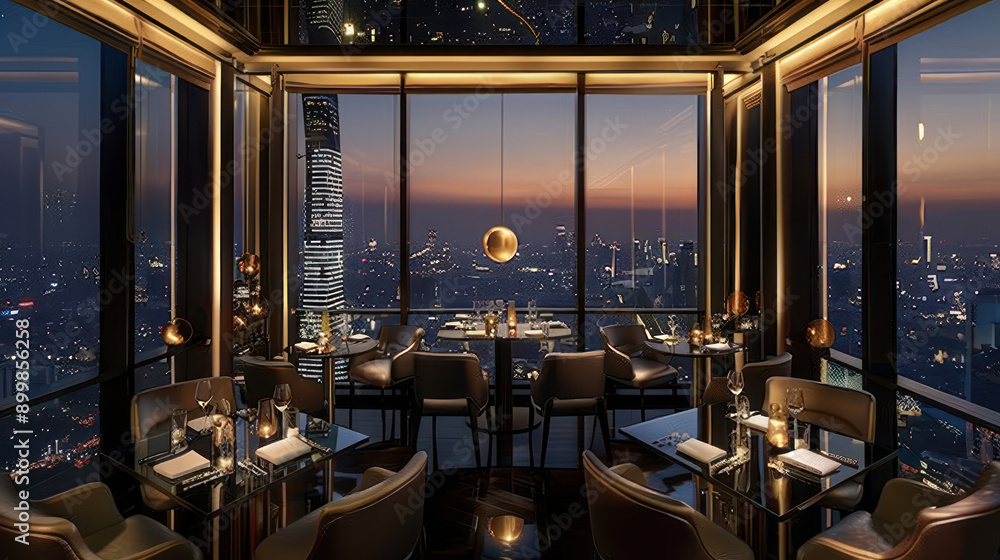 Fototapeta premium Elegant dining at the Rooftop Restaurant and Moon Bar, Banyan Tree Hotel, 61st floor, with panoramic views of Bangkok on Sathorn Road.