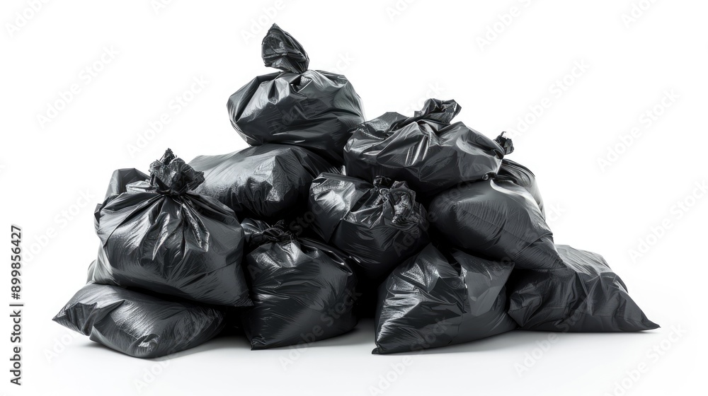 black trash bags in a pile set against a white background, generative ai black trash bags in a pile set against a white background, generative ai