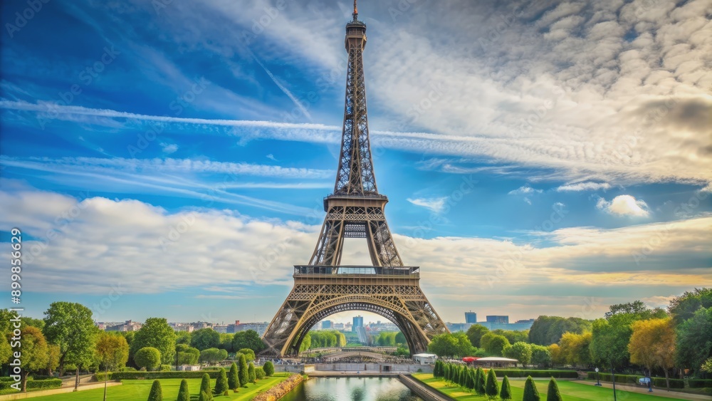 Fototapeta premium Eiffel Tower with Sky and Park in Paris, France, Eiffel Tower, Paris, France, landmark, architecture