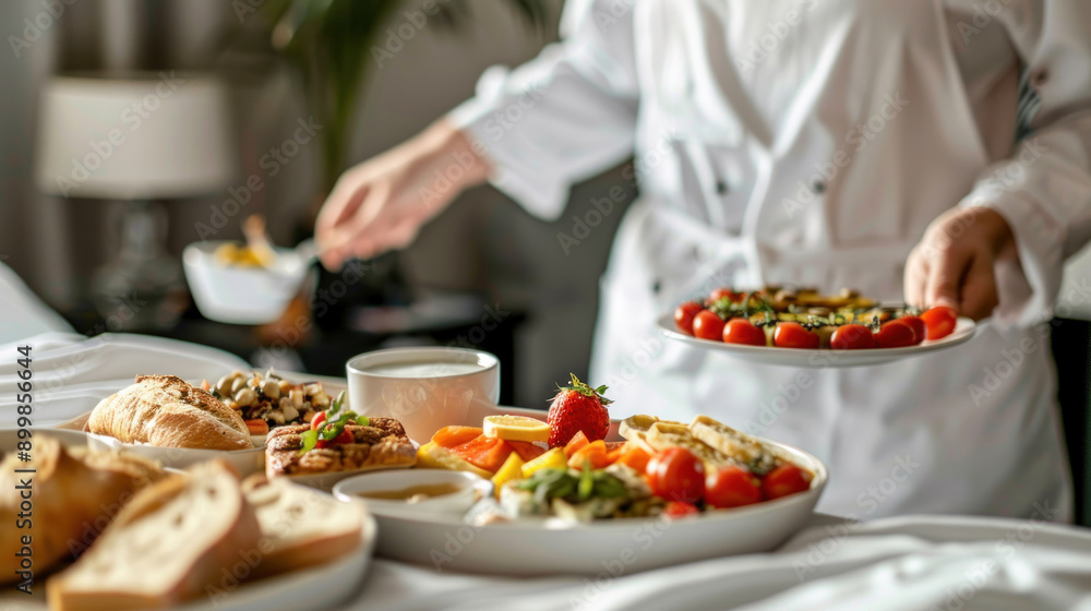 Elegant in-room breakfast service at a luxury hotel: food platters, bread, and coffee, highlighting premium travel and hospitality. Elegant in-room breakfast service at a luxury hotel: food platters, bread, and coffee, highlighting premium travel and hospitality.