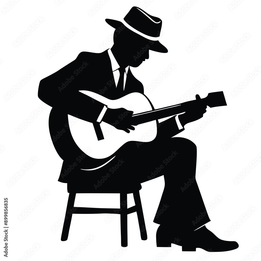 Fototapeta premium a man playing guitar siting a tool, vector silhouette, isolated white background