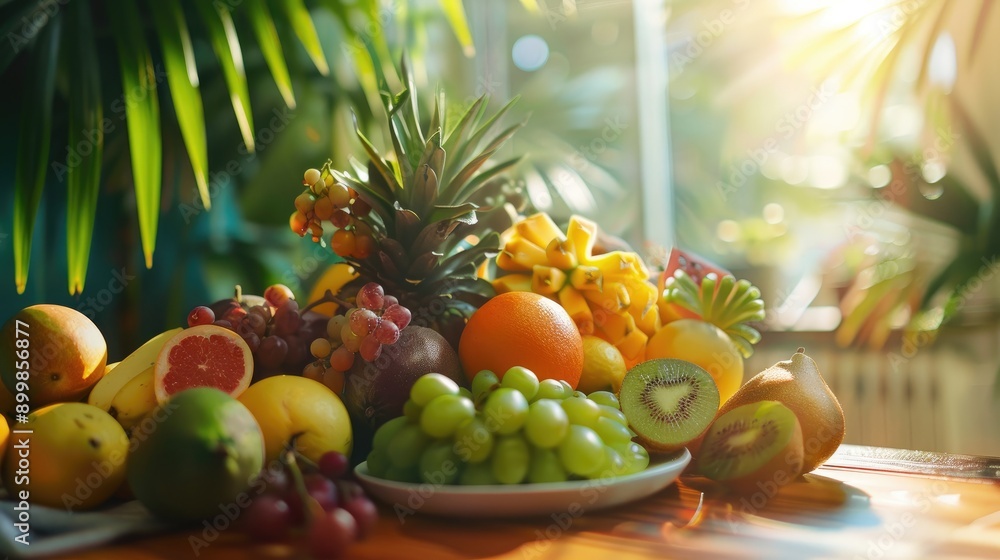 Organic fruit arrangement on table healthy eating theme Organic fruit arrangement on table healthy eating theme