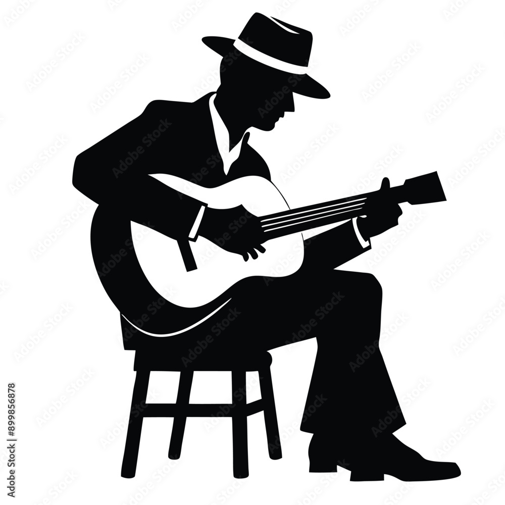 Fototapeta premium a man playing guitar siting a tool, vector silhouette, isolated white background 