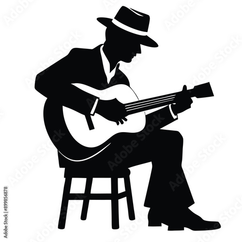 a man playing guitar siting a tool, vector silhouette, isolated white background 