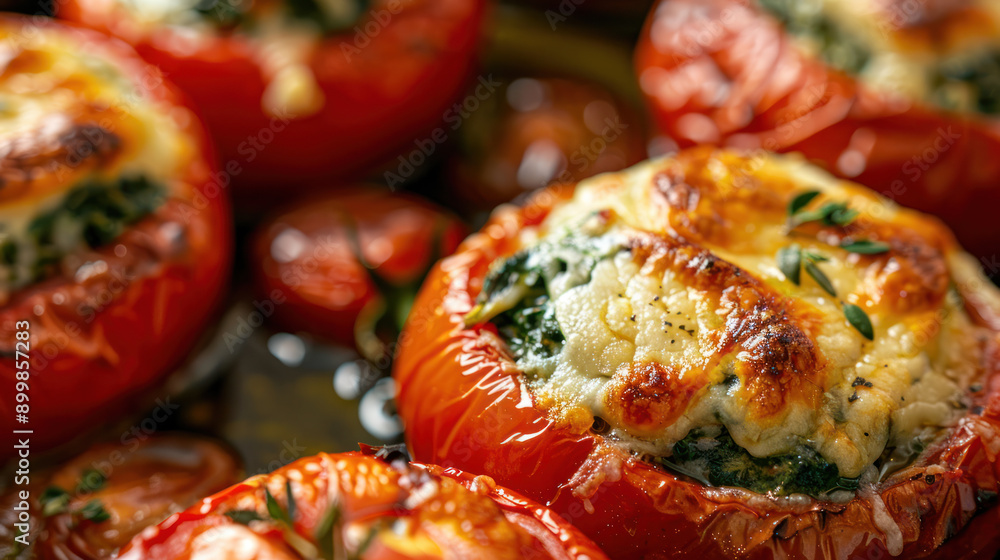 Close-up of oven-baked tomatoes stuffed with spinach, cheese, and herbs, showcasing a delicious and nutritious vegetarian meal. Close-up of oven-baked tomatoes stuffed with spinach, cheese, and herbs, showcasing a delicious and nutritious vegetarian meal.