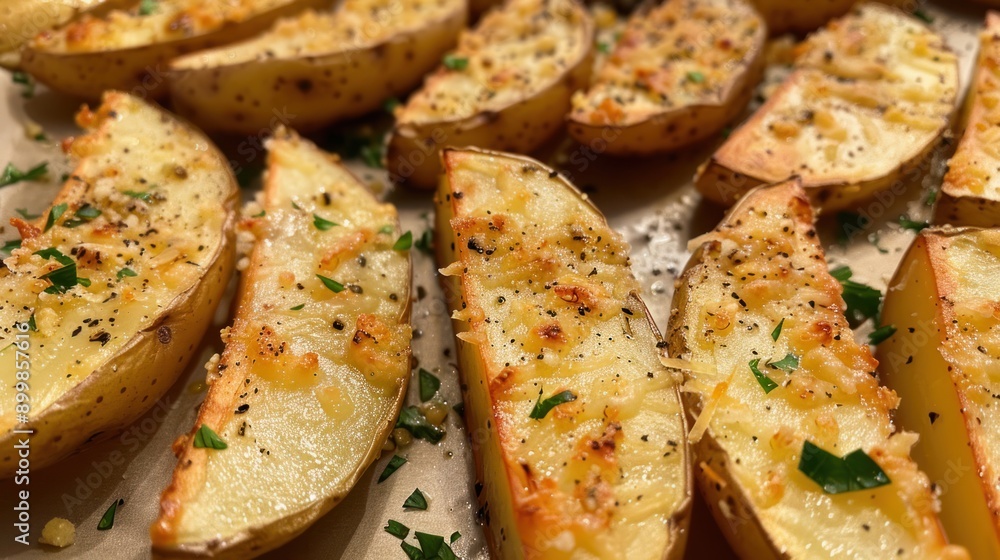 Close-Up of Crispy Baked Potato Wedges with Garlic and Herbs - Deliciously crispy baked potato wedges seasoned with garlic, herbs, and cheese, perfect for a savory side dish or snack