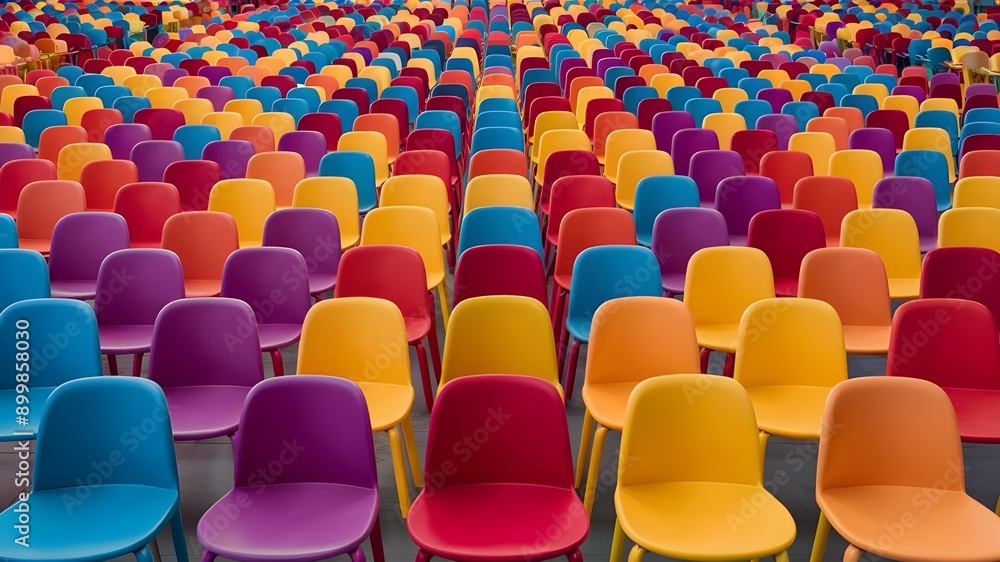 Naklejka premium Rows of colorful chairs, each with a different hue and design arranged in an orderly fashion,creating a harmonious and vibrant pattern.