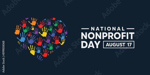 National Nonprofit Day. Heart-shaped hand. Great for cards, banners, posters, social media and more. Dark blue background