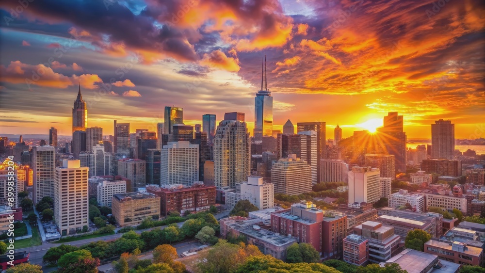 Obraz premium Golden Hour Skyline, New York City, Urban Landscape, Sunset, Skyscrapers, ,