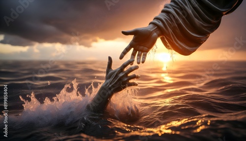 life saving miracle of Jesus Christ son of God saving Peter from drowning. Christmas, Easter, love Heaven and salvation  concept illustration.