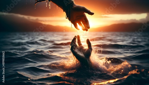 life saving miracle of Jesus Christ son of God saving Peter from drowning. Christmas, Easter, love Heaven and salvation  concept illustration.