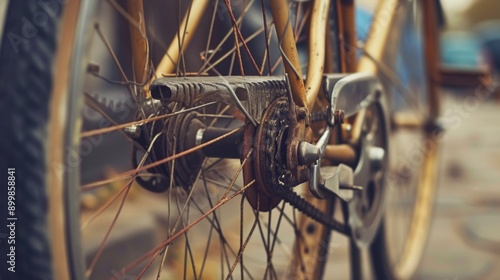 A detailed close-up shot of a rusty bicycle gear with a worn chain. The image highlights the textures and weathered condition of the metal parts, emphasizing the intricate mechanical elements. Perfect