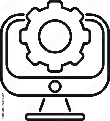 Line art icon of a desktop computer showing a big cogwheel, symbolizing operating system configuration