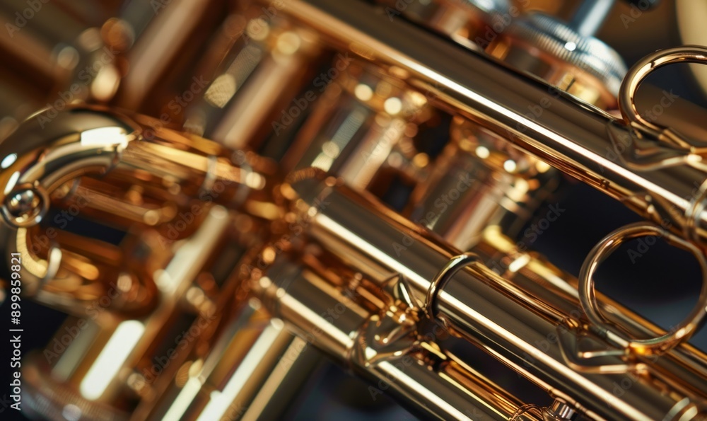 Naklejka premium Examine the intricate valves and tubing of a trumpet, its gleaming brass and embouchure ready to breathe life into jazz improvisations