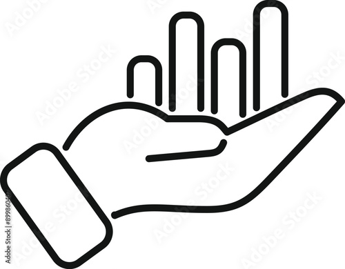 Line art icon of a hand holding a bar graph that is growing