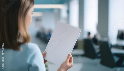 Woman reading a Magazin cover in the office. Mock-Up.
