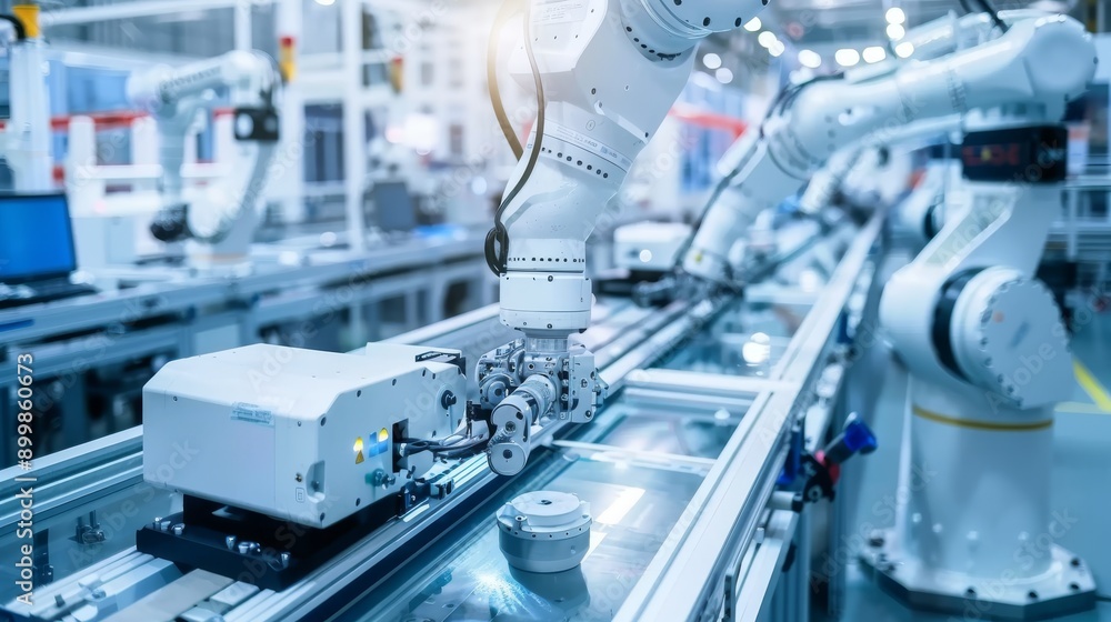 A factory with robots working on a conveyor belt A factory with robots working on a conveyor belt