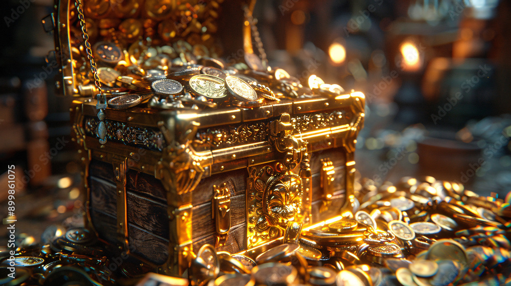 Sparkling Wealth - 3D Cartoon of Gold and Silver Treasure Chest Overflowing with Coins and Jewels on White Background with Copy Space Sparkling Wealth - 3D Cartoon of Gold and Silver Treasure Chest Overflowing with Coins and Jewels on White Background with Copy Space