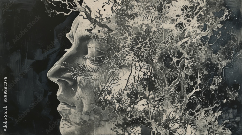 This monochromatic artwork depicts an abstract human face intricately merging with natural elements like branches and leaves. The detailed and textured composition creates a surreal and thought This monochromatic artwork depicts an abstract human face intricately merging with natural elements like branches and leaves. The detailed and textured composition creates a surreal and thought