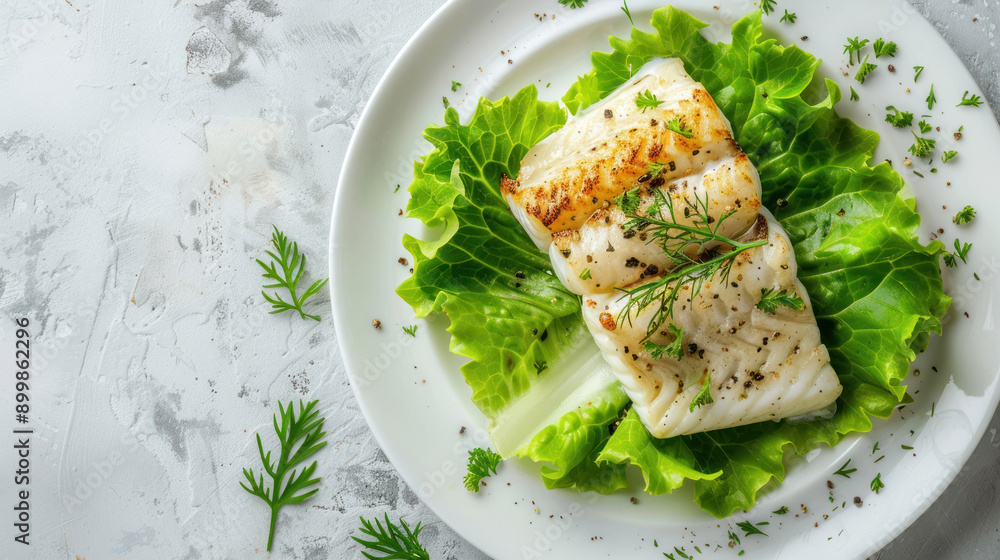 Healthy steamed cod fillet with lettuce on a simple plate, top view, with ample space left for text or additional elements. Healthy steamed cod fillet with lettuce on a simple plate, top view, with ample space left for text or additional elements.