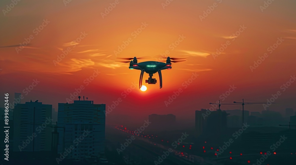 Silhouette of a drone flying over the city at sunset AI generated Silhouette of a drone flying over the city at sunset AI generated