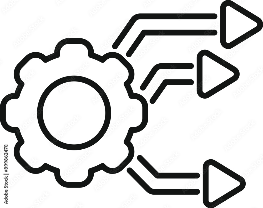 Simple icon of workflow automation showing a gear wheel connecting with three arrows Simple icon of workflow automation showing a gear wheel connecting with three arrows