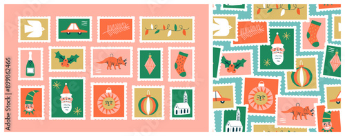 Set of vintage christmas post card stamp pattern illustration. Retro style winter holiday postage sticker collection, xmas celebration mail postmark, festive postal label background.
