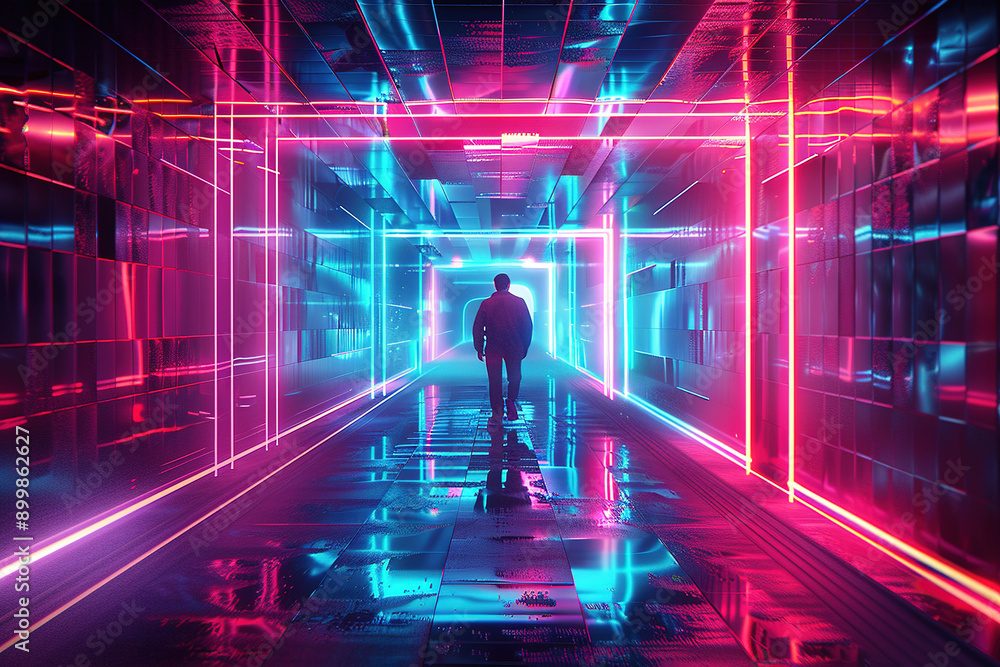 Person Standing in Symmetrical Neon Tunnel with Pink and Blue Lights, Hyper Realistic and Photo Realistic Style, Capturing Futuristic and Modern Vibes Person Standing in Symmetrical Neon Tunnel with Pink and Blue Lights, Hyper Realistic and Photo Realistic Style, Capturing Futuristic and Modern Vibes