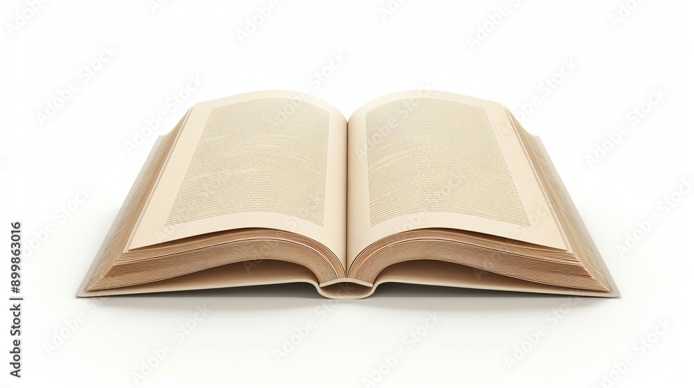 Highly detailed 3D illustration of an open book with blank pages, standing upright against a white background Highly detailed 3D illustration of an open book with blank pages, standing upright against a white background