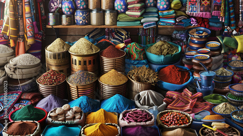  a bustling market stall with an array of colorful spices, textiles, and traditional items