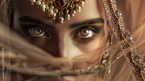 close-up portrait of an odalisque, partially veiled, with expressive eyes and intricate jewelry photo