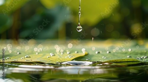 A close-up image of a single water drop falling onto a lotus leaf, highlighting the natural waterproof surface as the water beads and rolls off.