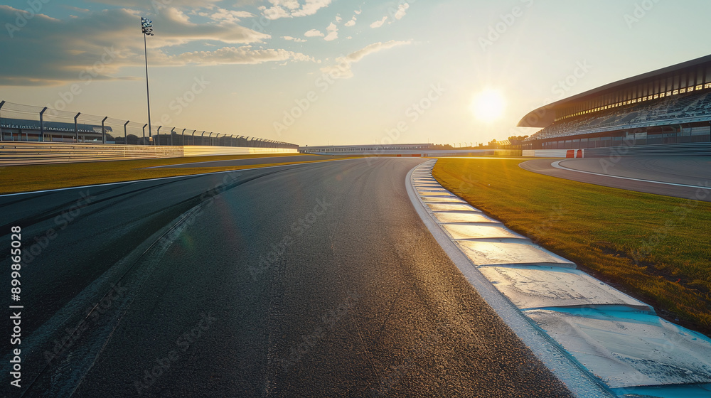 Naklejka premium an empty MotoGP track at dawn, with the sun just beginning to rise over the horizon