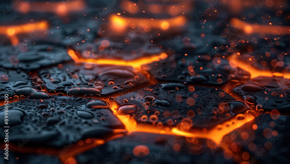 Close-Up of Glowing Hexagonal Tiles on the Ground with Orange Light and Raindrops, Capturing Futuristic and Modern Aesthetics Close-Up of Glowing Hexagonal Tiles on the Ground with Orange Light and Raindrops, Capturing Futuristic and Modern Aesthetics
