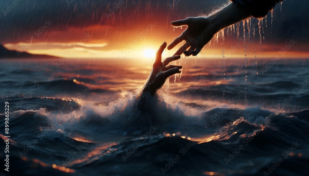 Obraz premium Hands reaching for salvation amidst stormy waves at sunset. Powerful image of hope, survival, and human connection in perilous waters. Atmospheric scene with rain, splashing water