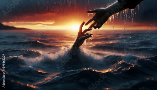 Hands reaching for salvation amidst stormy waves at sunset. Powerful image of hope, survival, and human connection in perilous waters. Atmospheric scene with rain, splashing water