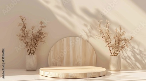 Elegant Product Staging: Beautiful Wooden Podium with Plant Decor for Professional Advertising